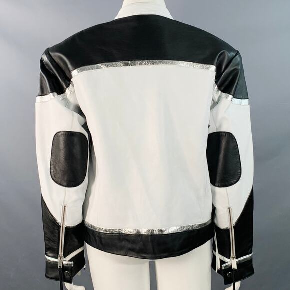 RETROFETE Size L Black White Silver Leather Padded Shoulders Zip Up Jacket - Picture 3 of 6